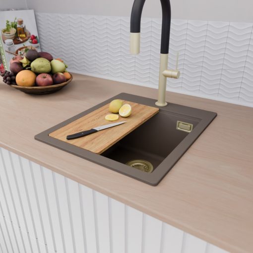 HD Infinity Tortora 43 egymedencés gránit mosogatótálca szett, vágódeszkával, acél csepegtetőráccsal és kosárral, tortora színben, szálcsiszolt arany leeresztő szifonnal