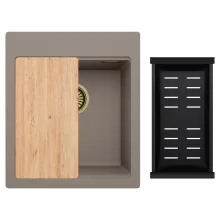 HD Infinity Tortora 43 egymedencés gránit mosogatótálca szett, vágódeszkával, matt fekete csepegtetőkosárral, tortora színben, szálcsiszolt arany leeresztő szifonnal