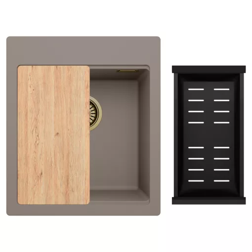 HD Infinity Tortora 43 egymedencés gránit mosogatótálca szett, vágódeszkával, matt fekete csepegtetőkosárral, tortora színben, szálcsiszolt arany leeresztő szifonnal