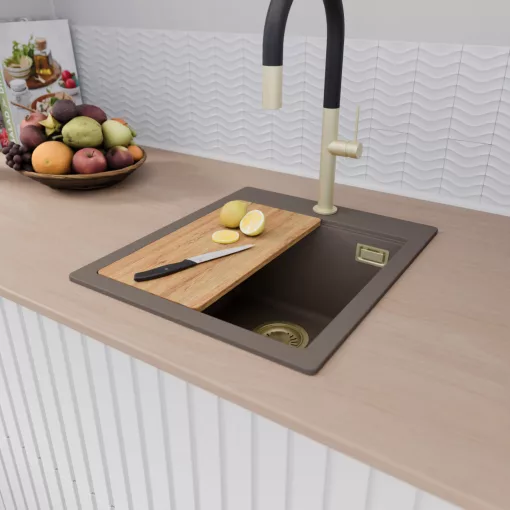 HD Infinity Tortora 43 egymedencés gránit mosogatótálca szett, vágódeszkával, matt fekete csepegtetőkosárral, tortora színben, szálcsiszolt arany leeresztő szifonnal