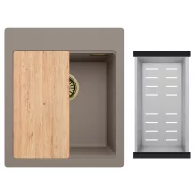 HD Infinity Tortora 43 egymedencés gránit mosogatótálca szett, vágódeszkával, acél csepegtetőkosárral, tortora színben, szálcsiszolt arany leeresztő szifonnal