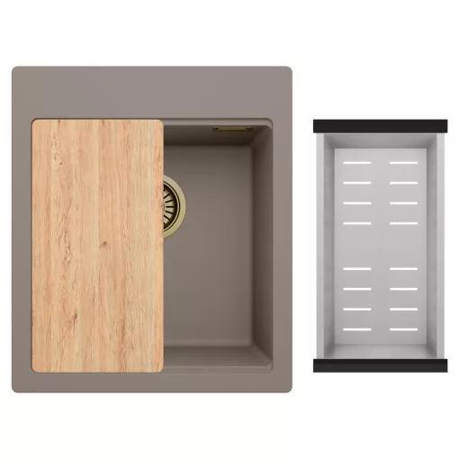 HD Infinity Tortora 43 egymedencés gránit mosogatótálca szett, vágódeszkával, acél csepegtetőkosárral, tortora színben, szálcsiszolt arany leeresztő szifonnal