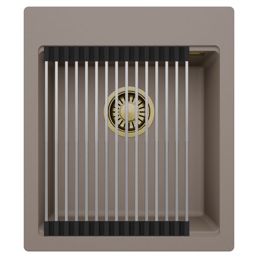 HD Infinity Tortora 43 egymedencés gránit mosogatótálca szett, acél csepegtetőráccsal, tortora színben, szálcsiszolt arany leeresztő szifonnal