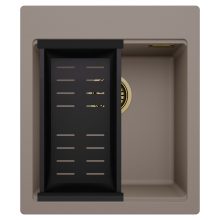 HD Infinity Tortora 43 egymedencés gránit mosogatótálca szett, matt fekete csepegtetőkosárral, tortora színben, szálcsiszolt arany leeresztő szifonnal