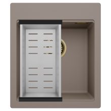 HD Infinity Tortora 43 egymedencés gránit mosogatótálca szett, acél csepegtetőkosárral, tortora színben, szálcsiszolt arany leeresztő szifonnal