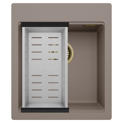 HD Infinity Tortora 43 egymedencés gránit mosogatótálca szett, acél csepegtetőkosárral, tortora színben, szálcsiszolt arany leeresztő szifonnal