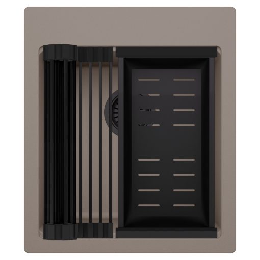 HD Infinity Tortora 43 egymedencés gránit mosogatótálca szett, matt fekete csepegtetőráccsal és kosárral, tortora színben, matt fekete leeresztő szifonnal