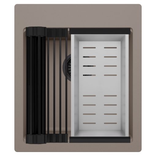 HD Infinity Tortora 43 egymedencés gránit mosogatótálca szett, matt fekete csepegtetőráccsal és krómozott kosárral, tortora színben, matt fekete leeresztő szifonnal