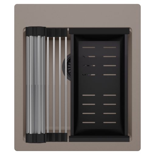 HD Infinity Tortora 43 egymedencés gránit mosogatótálca szett, acél csepegtetőráccsal és matt fekete kosárral, tortora színben, matt fekete leeresztő szifonnal