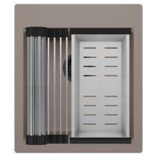 HD Infinity Tortora 43 egymedencés gránit mosogatótálca szett, acél csepegtetőráccsal és kosárral, tortora színben, matt fekete leeresztő szifonnal