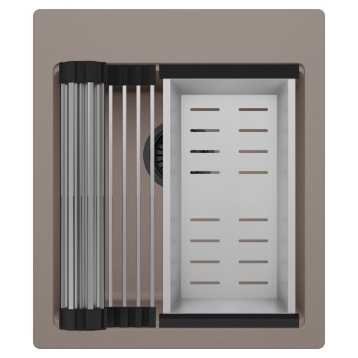 HD Infinity Tortora 43 egymedencés gránit mosogatótálca szett, acél csepegtetőráccsal és kosárral, tortora színben, matt fekete leeresztő szifonnal