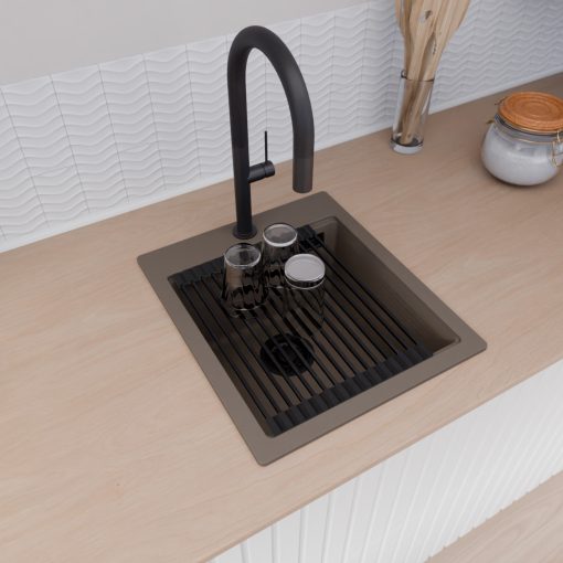 HD Infinity Tortora 43 egymedencés gránit mosogatótálca szett, vágódeszkával, matt fekete csepegtetőráccsal és kosárral, tortora színben, matt fekete leeresztő szifonnal