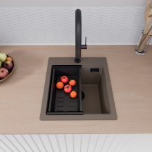 HD Infinity Tortora 43 egymedencés gránit mosogatótálca szett, vágódeszkával, matt fekete csepegtetőráccsal és kosárral, tortora színben, matt fekete leeresztő szifonnal