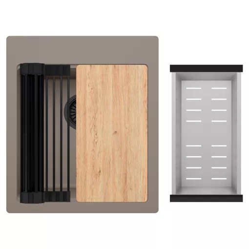 HD Infinity Tortora 43 egymedencés gránit mosogatótálca szett, vágódeszkával, matt fekete csepegtetőráccsal és krómozott kosárral, tortora színben, matt fekete leeresztő szifonnal