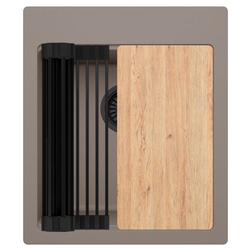 HD Infinity Tortora 43 egymedencés gránit mosogatótálca szett, vágódeszkával, matt fekete csepegtetőráccsal, tortora színben, matt fekete leeresztő szifonnal