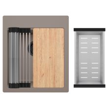 HD Infinity Tortora 43 egymedencés gránit mosogatótálca szett, vágódeszkával, acél csepegtetőráccsal és kosárral, tortora színben, matt fekete leeresztő szifonnal