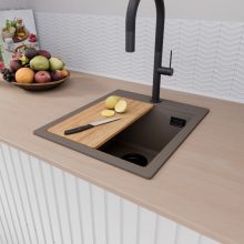 HD Infinity Tortora 43 egymedencés gránit mosogatótálca szett, vágódeszkával, acél csepegtetőráccsal és kosárral, tortora színben, matt fekete leeresztő szifonnal