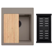 HD Infinity Tortora 43 egymedencés gránit mosogatótálca szett, vágódeszkával, matt fekete csepegtetőkosárral, tortora színben, matt fekete leeresztő szifonnal