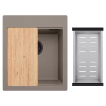 HD Infinity Tortora 43 egymedencés gránit mosogatótálca szett, vágódeszkával, acél csepegtetőkosárral, tortora színben, matt fekete leeresztő szifonnal