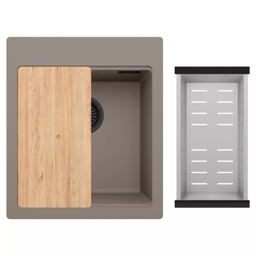 HD Infinity Tortora 43 egymedencés gránit mosogatótálca szett, vágódeszkával, acél csepegtetőkosárral, tortora színben, matt fekete leeresztő szifonnal