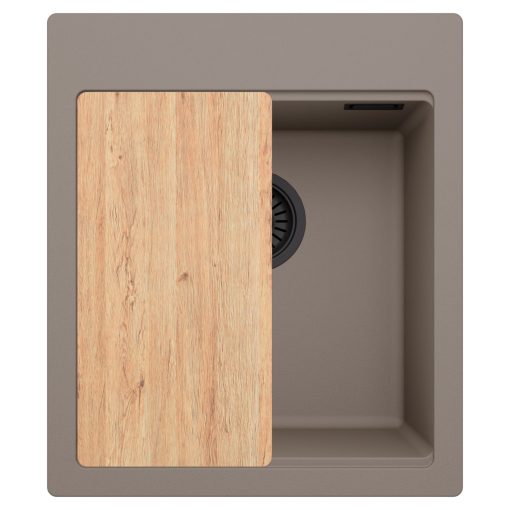 HD Infinity Tortora 43 egymedencés gránit mosogatótálca, vágódeszkával, tortora színben, matt fekete leeresztő szifonnal