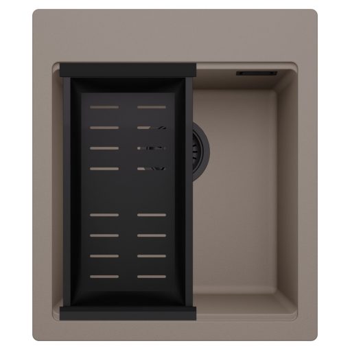 HD Infinity Tortora 43 egymedencés gránit mosogatótálca szett, matt fekete csepegtetőkosárral, tortora színben, matt fekete leeresztő szifonnal