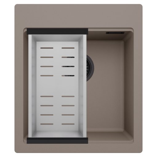 HD Infinity Tortora 43 egymedencés gránit mosogatótálca szett, acél csepegtetőkosárral, tortora színben, matt fekete leeresztő szifonnal