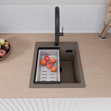 HD Infinity Tortora 43 egymedencés gránit mosogatótálca szett, acél csepegtetőkosárral, tortora színben, matt fekete leeresztő szifonnal