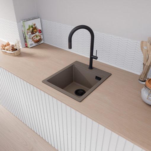 HD Infinity Tortora 43 egymedencés gránit mosogatótálca, tortora színben, matt fekete leeresztő szifonnal