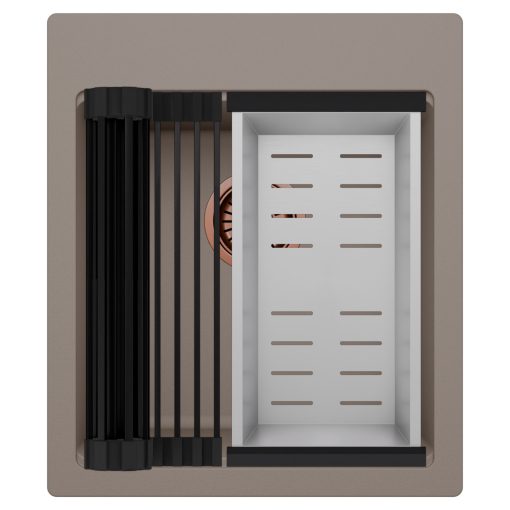 HD Infinity Tortora 43 egymedencés gránit mosogatótálca szett, matt fekete csepegtetőráccsal és krómozott kosárral, tortora színben, szálcsiszolt réz leeresztő szifonnal