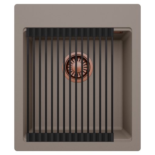 HD Infinity Tortora 43 egymedencés gránit mosogatótálca szett, matt fekete csepegtetőráccsal, tortora színben, szálcsiszolt réz leeresztő szifonnal