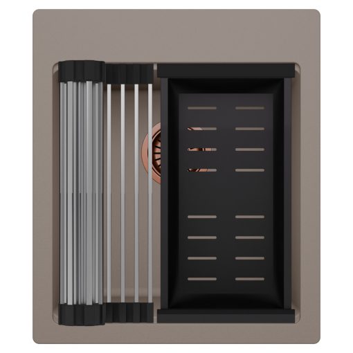 HD Infinity Tortora 43 egymedencés gránit mosogatótálca szett, acél csepegtetőráccsal és matt fekete kosárral, tortora színben, szálcsiszolt réz leeresztő szifonnal