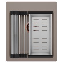 HD Infinity Tortora 43 egymedencés gránit mosogatótálca szett, acél csepegtetőráccsal és kosárral, tortora színben, szálcsiszolt réz leeresztő szifonnal