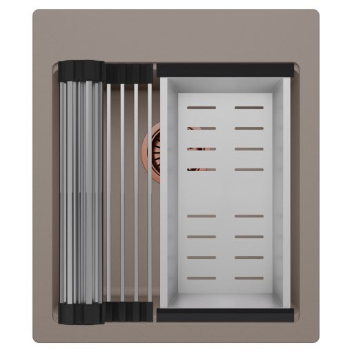 HD Infinity Tortora 43 egymedencés gránit mosogatótálca szett, acél csepegtetőráccsal és kosárral, tortora színben, szálcsiszolt réz leeresztő szifonnal