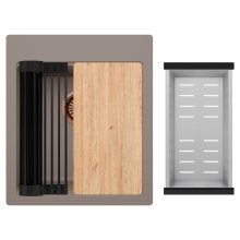 HD Infinity Tortora 43 egymedencés gránit mosogatótálca szett, vágódeszkával, matt fekete csepegtetőráccsal és krómozott kosárral, tortora színben, szálcsiszolt réz leeresztő szifonnal