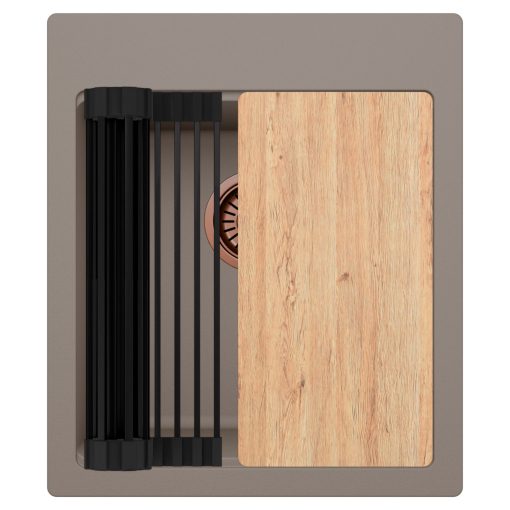 HD Infinity Tortora 43 egymedencés gránit mosogatótálca szett, vágódeszkával, matt fekete csepegtetőráccsal, tortora színben, szálcsiszolt réz leeresztő szifonnal