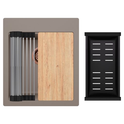 HD Infinity Tortora 43 egymedencés gránit mosogatótálca szett, vágódeszkával, acél csepegtetőráccsal és matt fekete kosárral, tortora színben, szálcsiszolt réz leeresztő szifonnal