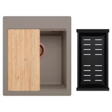 HD Infinity Tortora 43 egymedencés gránit mosogatótálca szett, vágódeszkával, matt fekete csepegtetőkosárral, tortora színben, szálcsiszolt réz leeresztő szifonnal