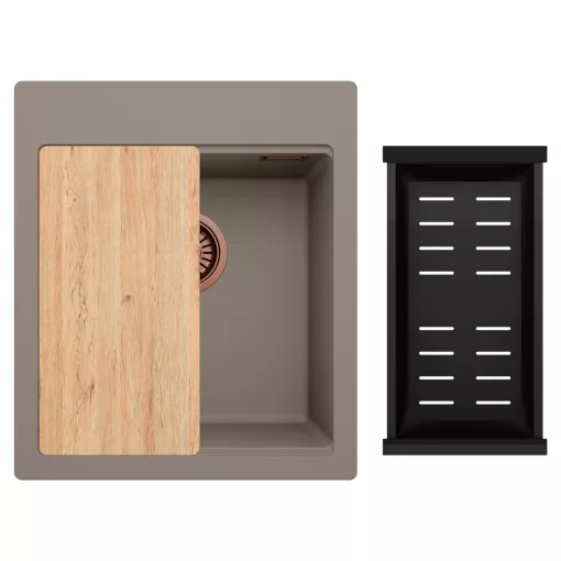 HD Infinity Tortora 43 egymedencés gránit mosogatótálca szett, vágódeszkával, matt fekete csepegtetőkosárral, tortora színben, szálcsiszolt réz leeresztő szifonnal