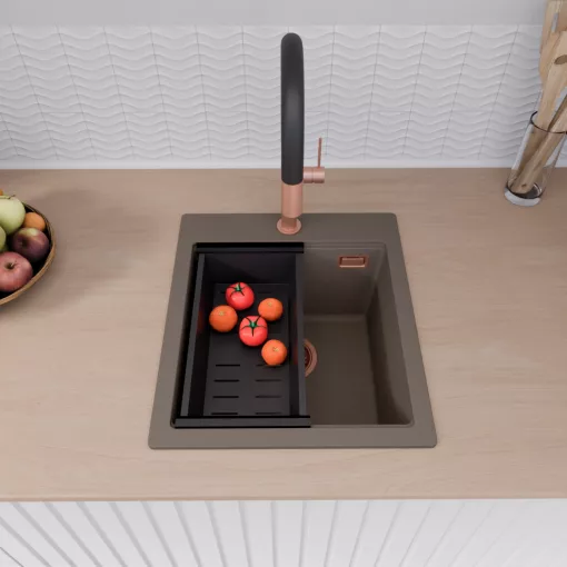 HD Infinity Tortora 43 egymedencés gránit mosogatótálca szett, vágódeszkával, matt fekete csepegtetőkosárral, tortora színben, szálcsiszolt réz leeresztő szifonnal