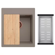 HD Infinity Tortora 43 egymedencés gránit mosogatótálca szett, vágódeszkával, acél csepegtetőkosárral, tortora színben, szálcsiszolt réz leeresztő szifonnal