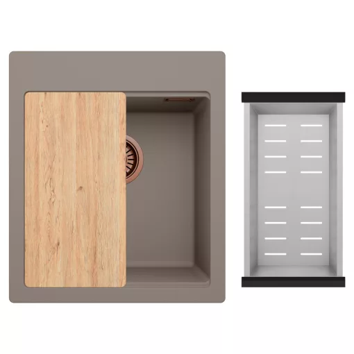 HD Infinity Tortora 43 egymedencés gránit mosogatótálca szett, vágódeszkával, acél csepegtetőkosárral, tortora színben, szálcsiszolt réz leeresztő szifonnal