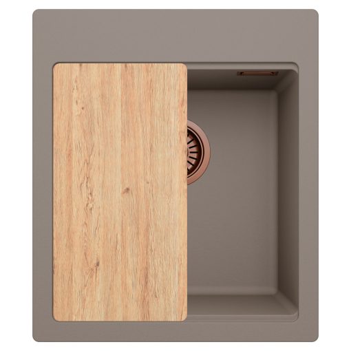 HD Infinity Tortora 43 egymedencés gránit mosogatótálca, vágódeszkával, tortora színben, szálcsiszolt réz leeresztő szifonnal