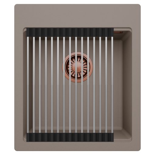 HD Infinity Tortora 43 egymedencés gránit mosogatótálca szett, acél csepegtetőráccsal, tortora színben, szálcsiszolt réz leeresztő szifonnal