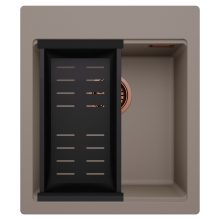 HD Infinity Tortora 43 egymedencés gránit mosogatótálca szett, matt fekete csepegtetőkosárral, tortora színben, szálcsiszolt réz leeresztő szifonnal