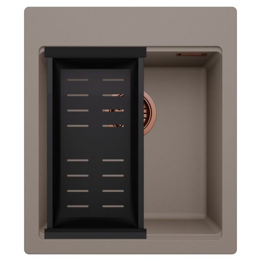 HD Infinity Tortora 43 egymedencés gránit mosogatótálca szett, matt fekete csepegtetőkosárral, tortora színben, szálcsiszolt réz leeresztő szifonnal