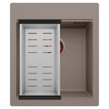 HD Infinity Tortora 43 egymedencés gránit mosogatótálca szett, acél csepegtetőkosárral, tortora színben, szálcsiszolt réz leeresztő szifonnal