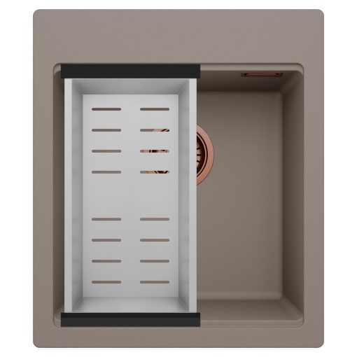 HD Infinity Tortora 43 egymedencés gránit mosogatótálca szett, acél csepegtetőkosárral, tortora színben, szálcsiszolt réz leeresztő szifonnal