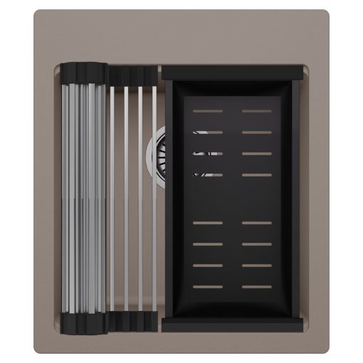 HD Infinity Tortora 43 egymedencés gránit mosogatótálca szett, acél csepegtetőráccsal és matt fekete kosárral, tortora színben