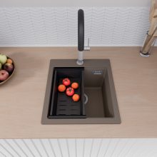 HD Infinity Tortora 43 egymedencés gránit mosogatótálca szett, acél csepegtetőráccsal és matt fekete kosárral, tortora színben